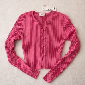 Urban Outfitters Pink Ribbed Cardigan Button Front Cropped Knit Sweater Medium
